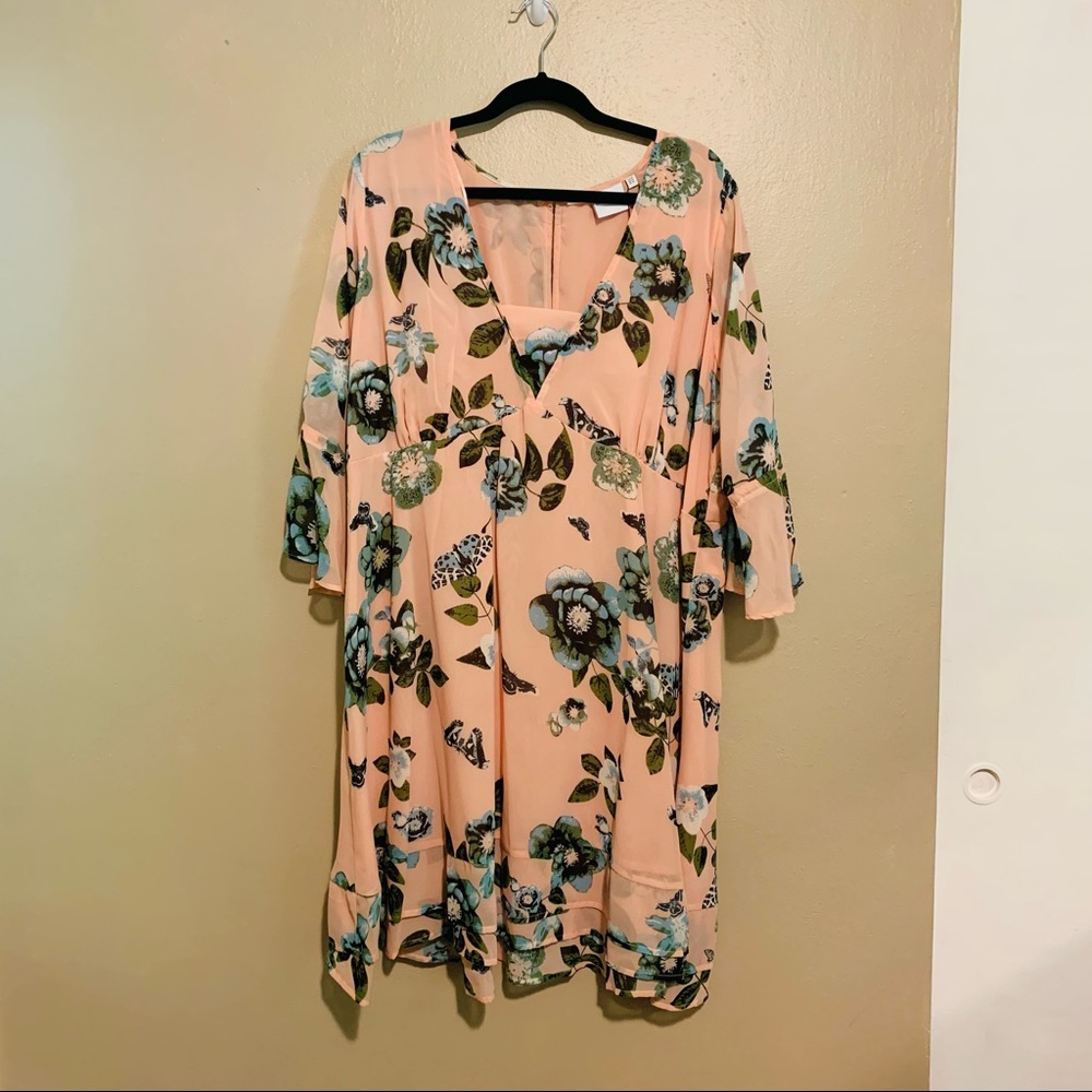 Junarose Peach Floral Midi Dress with Blue and Green Blooms